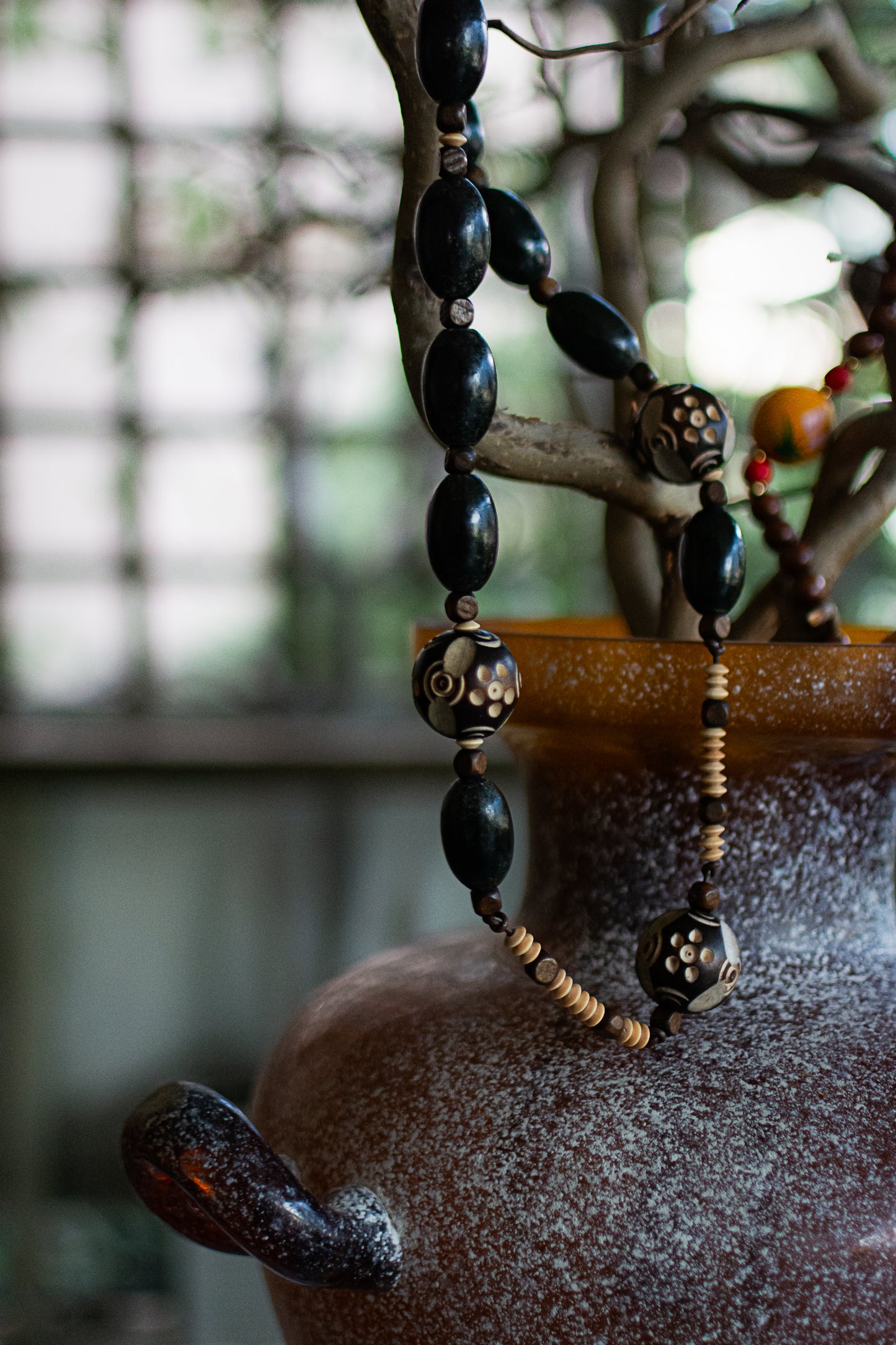 Black Wooden Beads Long Necklace