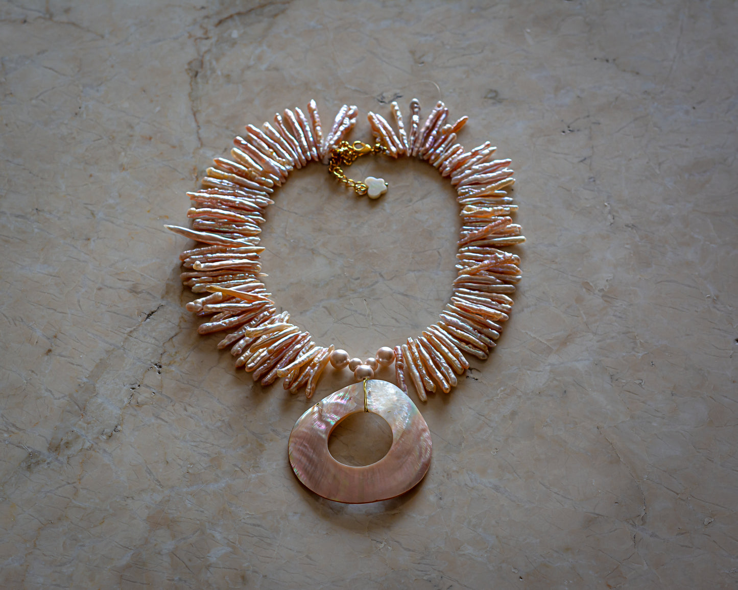 Mother of Pearl Pendant and Tooth Pearl Necklace