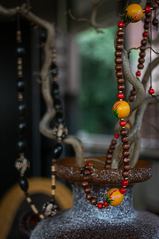 Wooden Beads and Hematite Stone Long Necklace